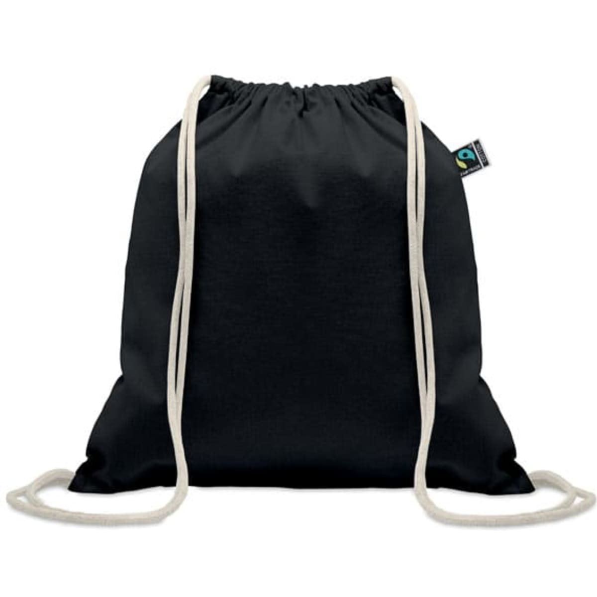 A drawstring bag in black with natural coloured cords and a logo tag on the side.