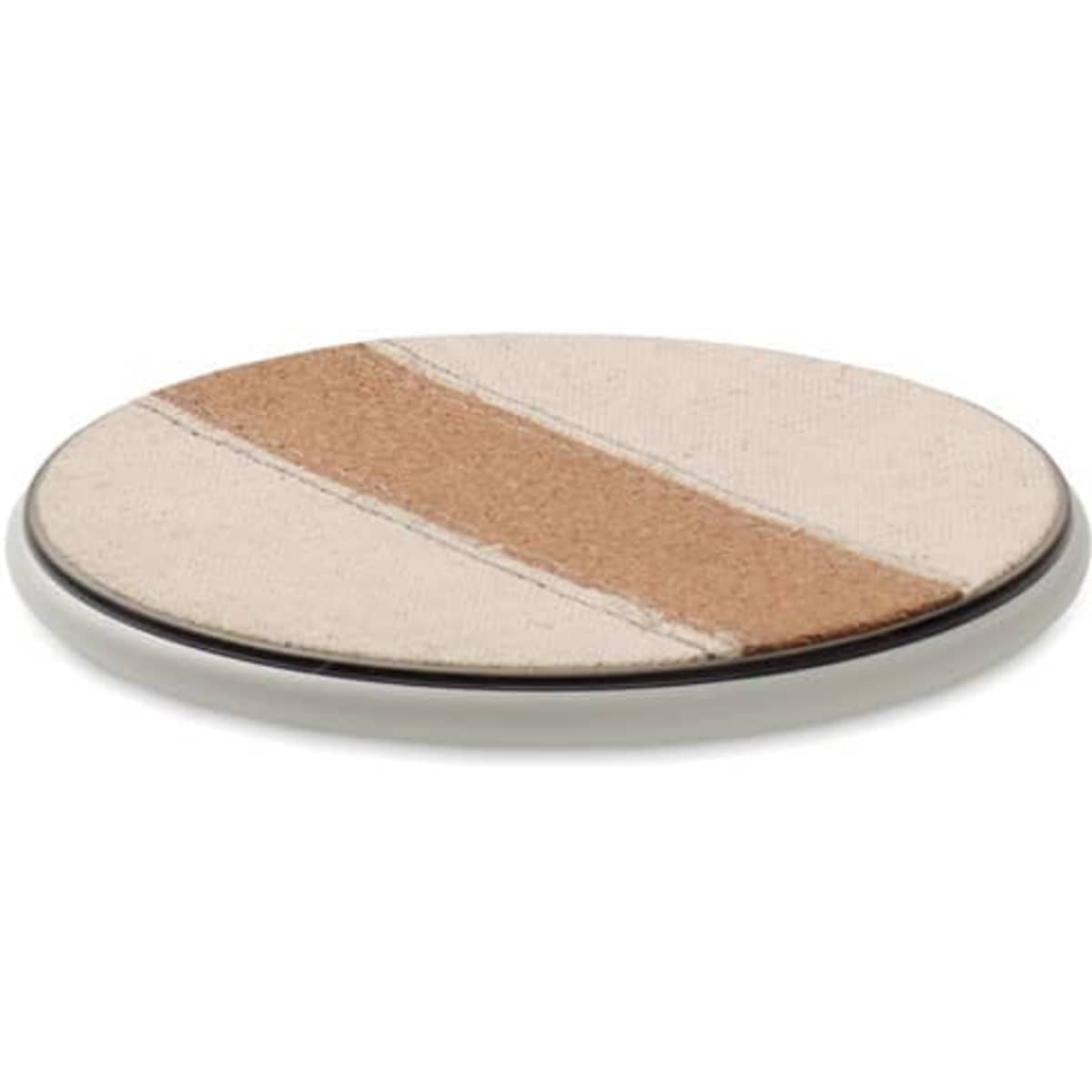 A round coaster featuring a beige and tan striped design with a glossy black edge. It has a textured fabric surface.