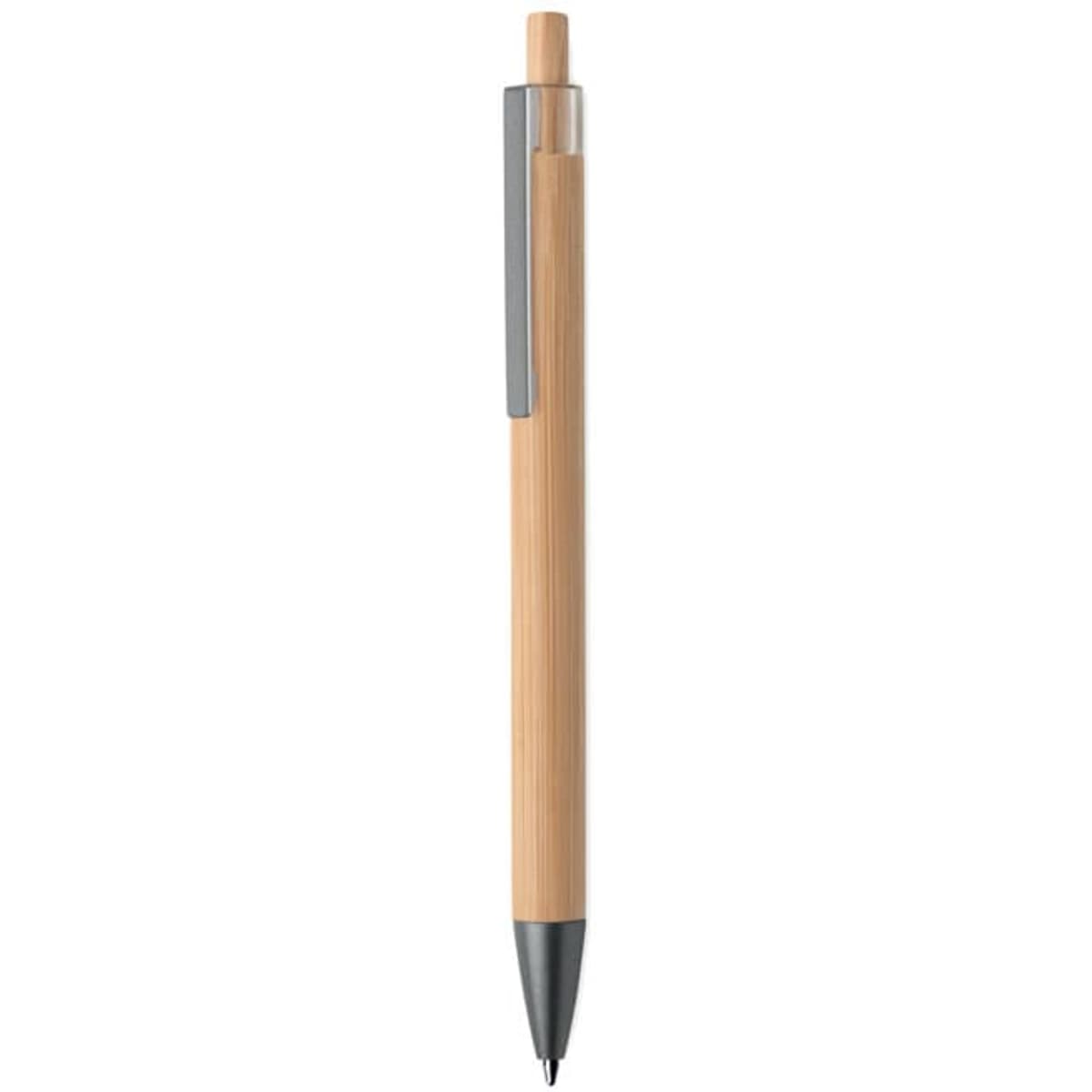 A pen with a bamboo body, transparent cap, and a silver clip. The tip is black for writing.