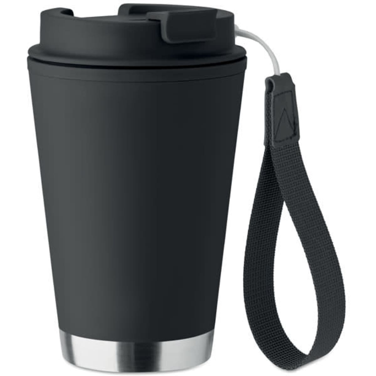 A drink bottle in matte black with a silver base and a black strap for carrying. It features a lid with a closure.