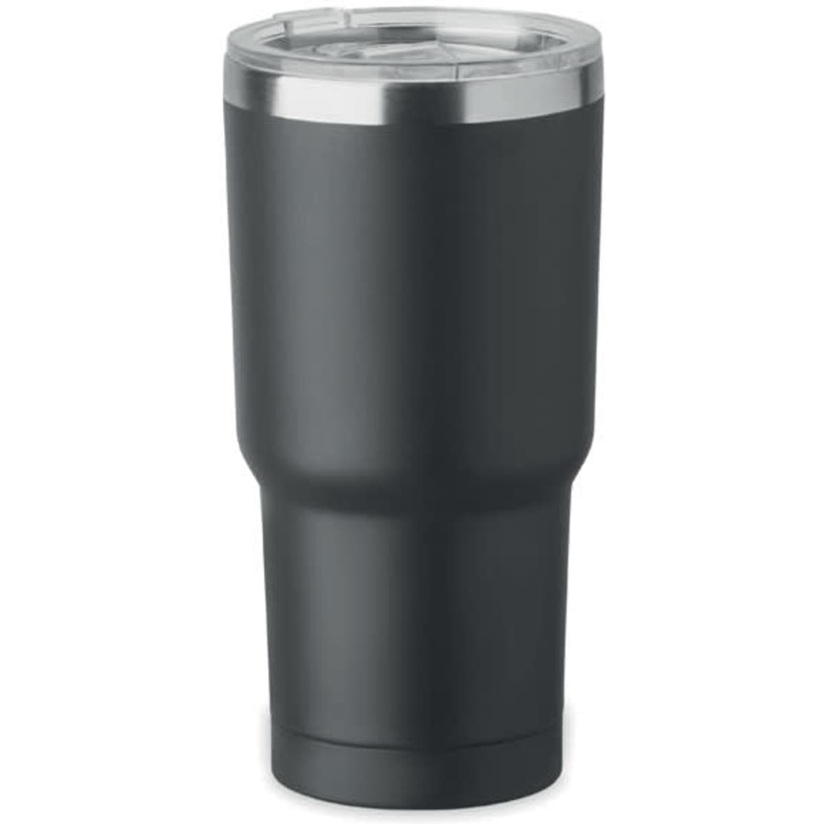 A drink bottle in matte black with a stainless steel lid and a wide base. It features a logo on the side.