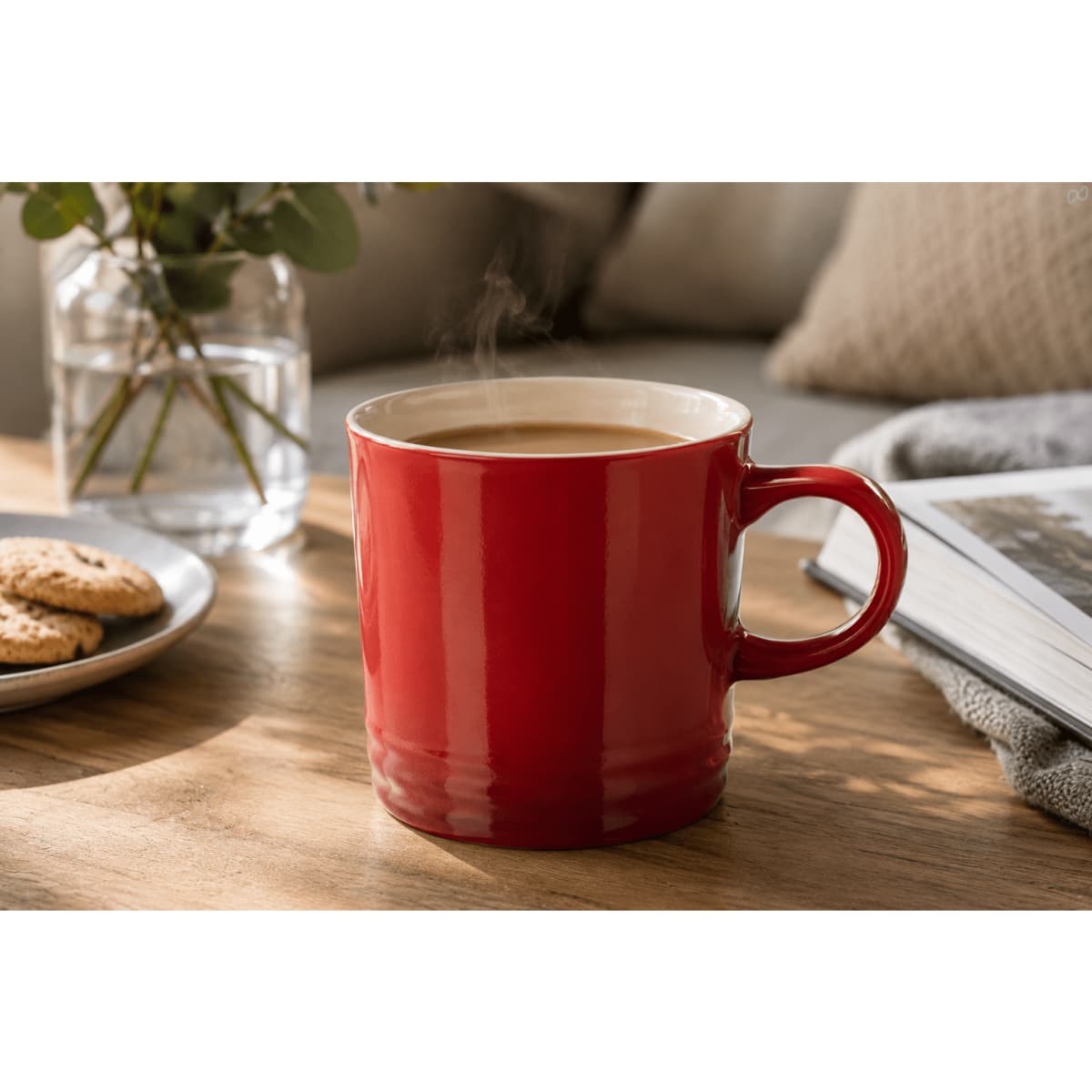 A red ceramic coffee mug with steam rising, placed on a wooden table alongside a plate of cookies and a book.