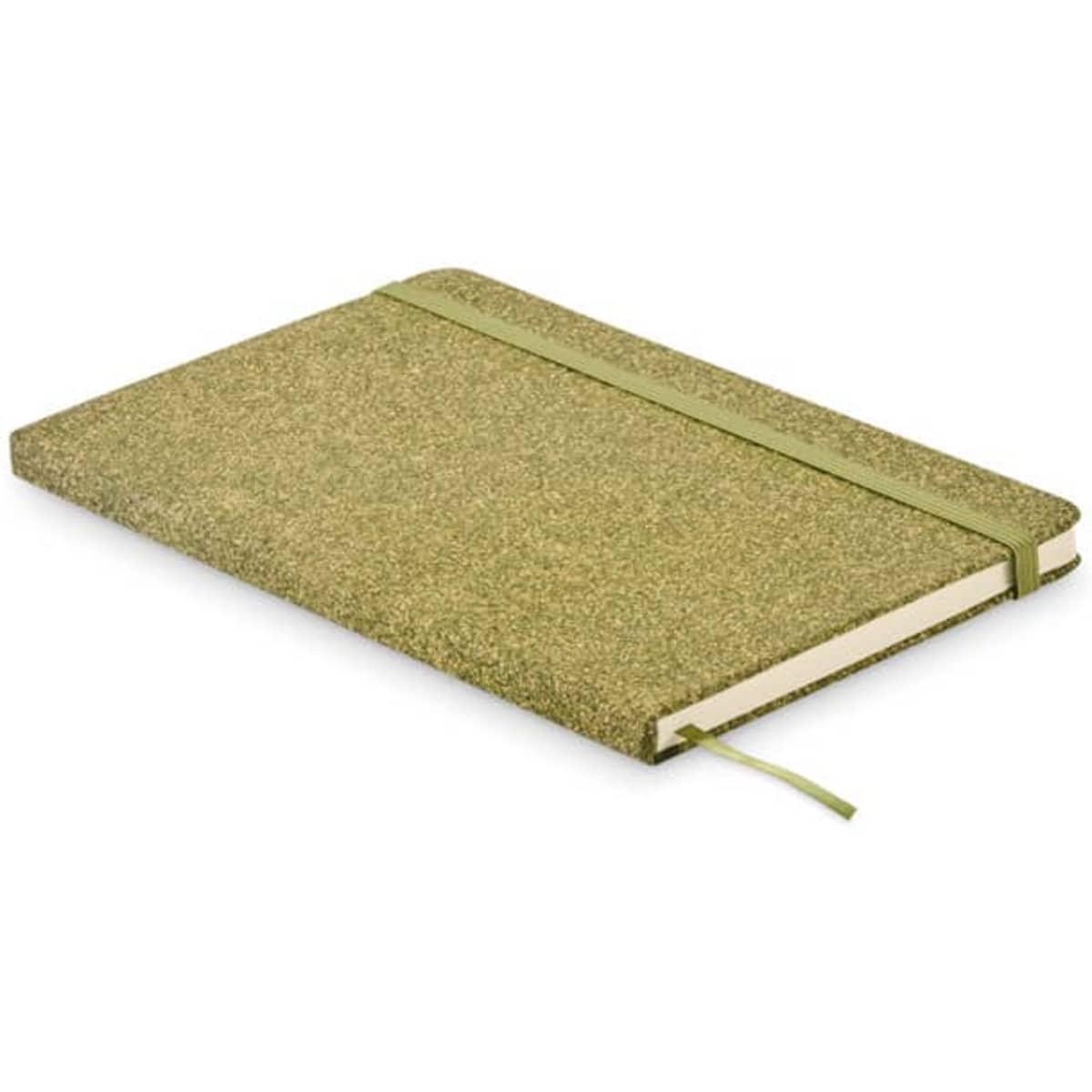 A green notebook with a textured cover, featuring an elastic band and a ribbon bookmark. It has a simple logo on the cover.
