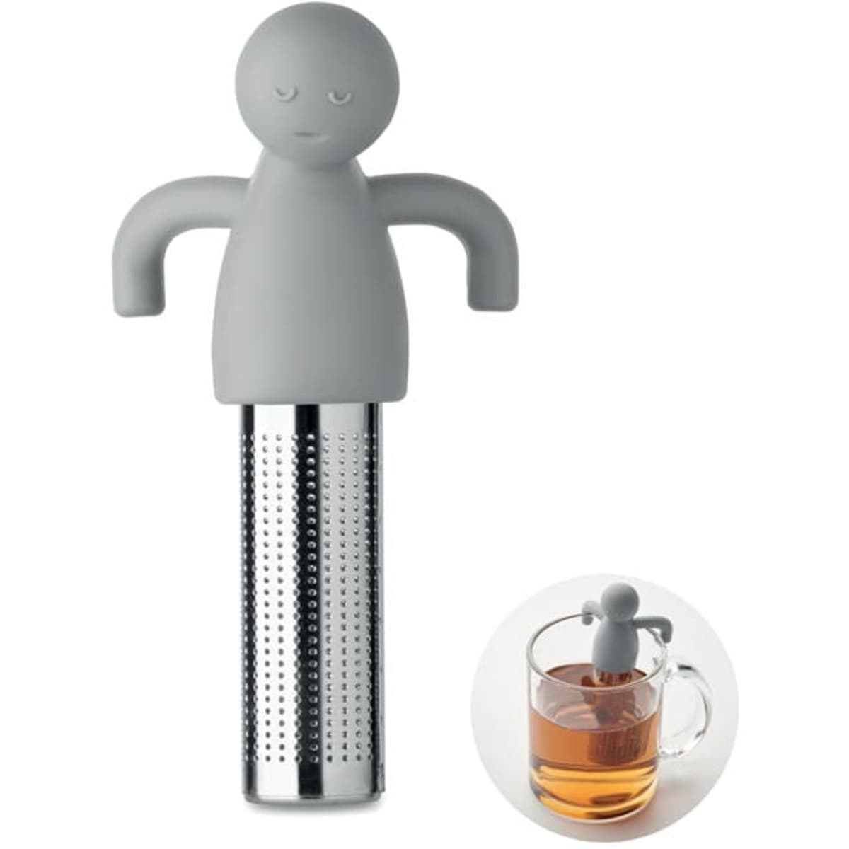 A tea infuser in grey featuring a minimalist design with arms raised, sitting above a mesh strainer.