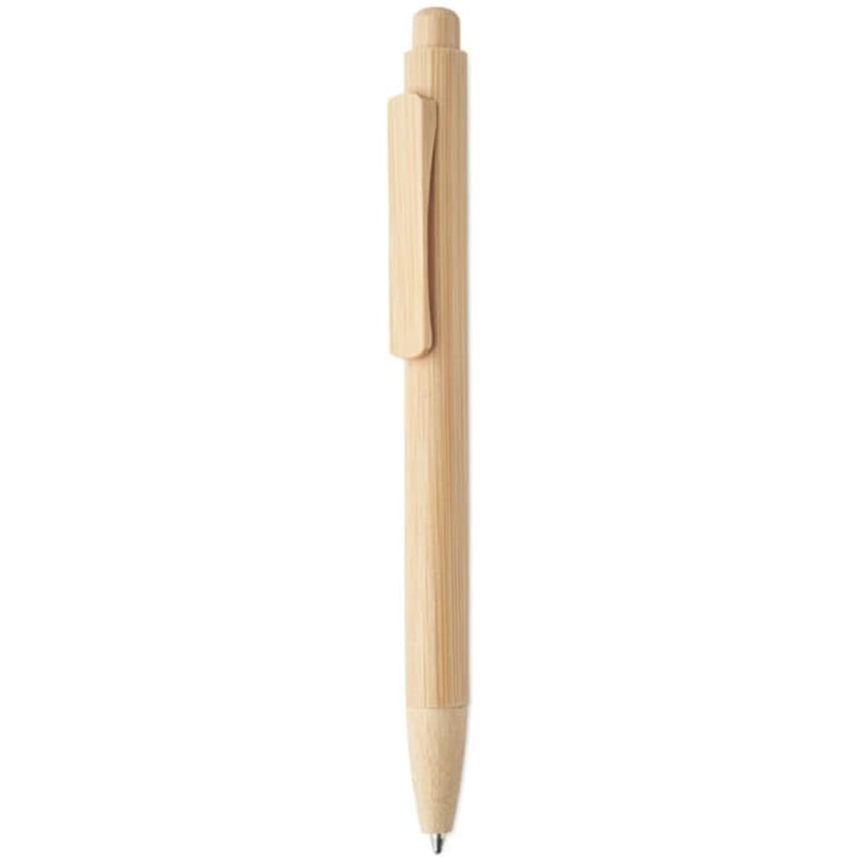 A bamboo pen with a natural finish and a clip for attachment. The pen has a smooth tip for writing.