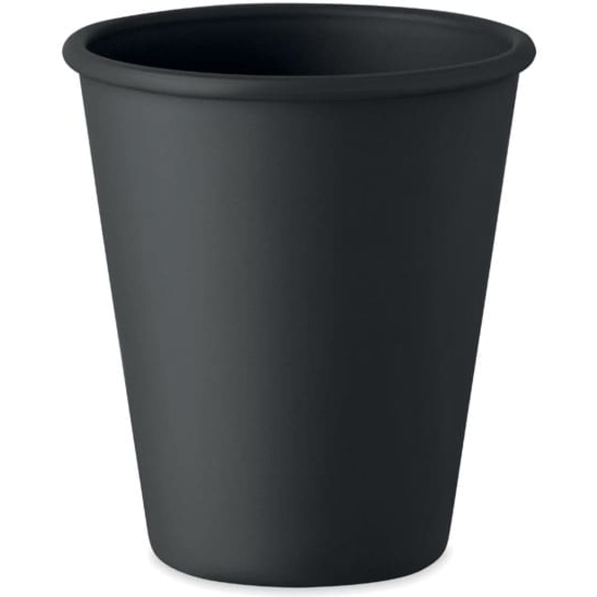 A drink bottle in matte black, featuring a simple, tapered design with a branded logo.
