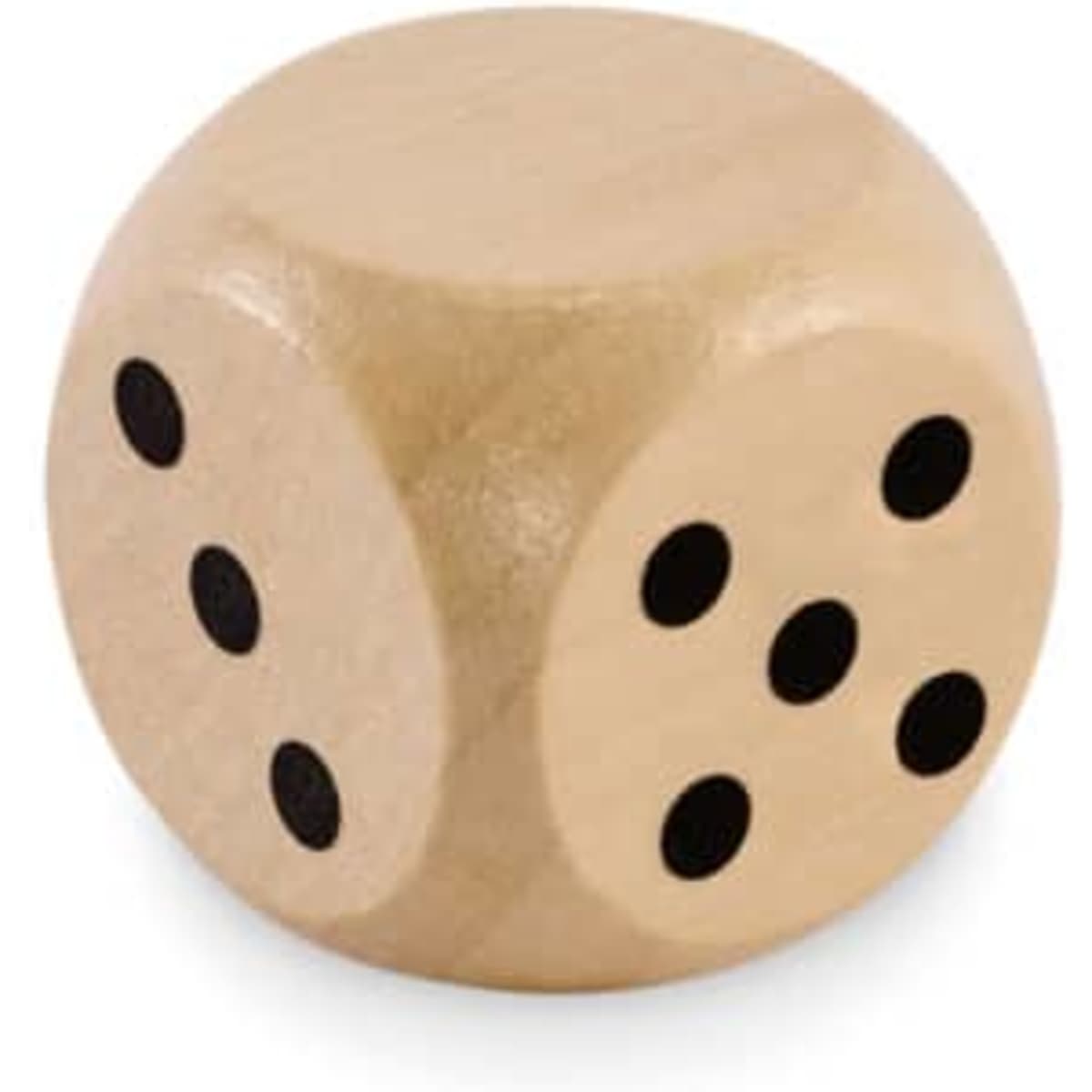 A wooden die with rounded edges, featuring black dots on its sides. It has three exposed faces showing various numbers.