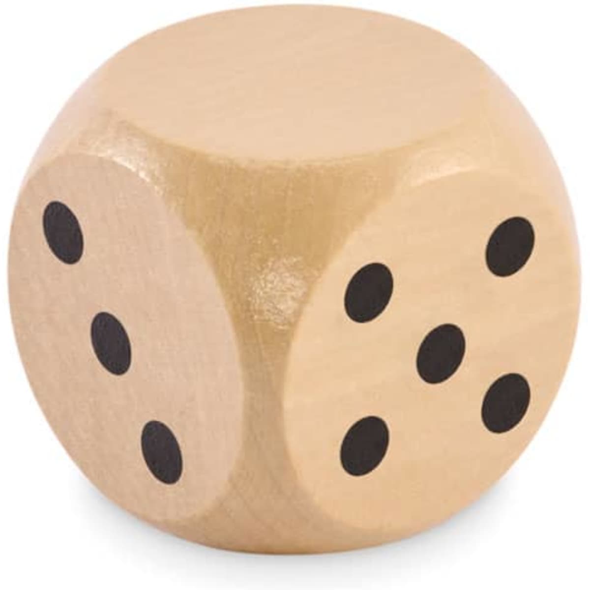 A wooden dice in a natural finish with black dots, showing numbers on two of its sides.