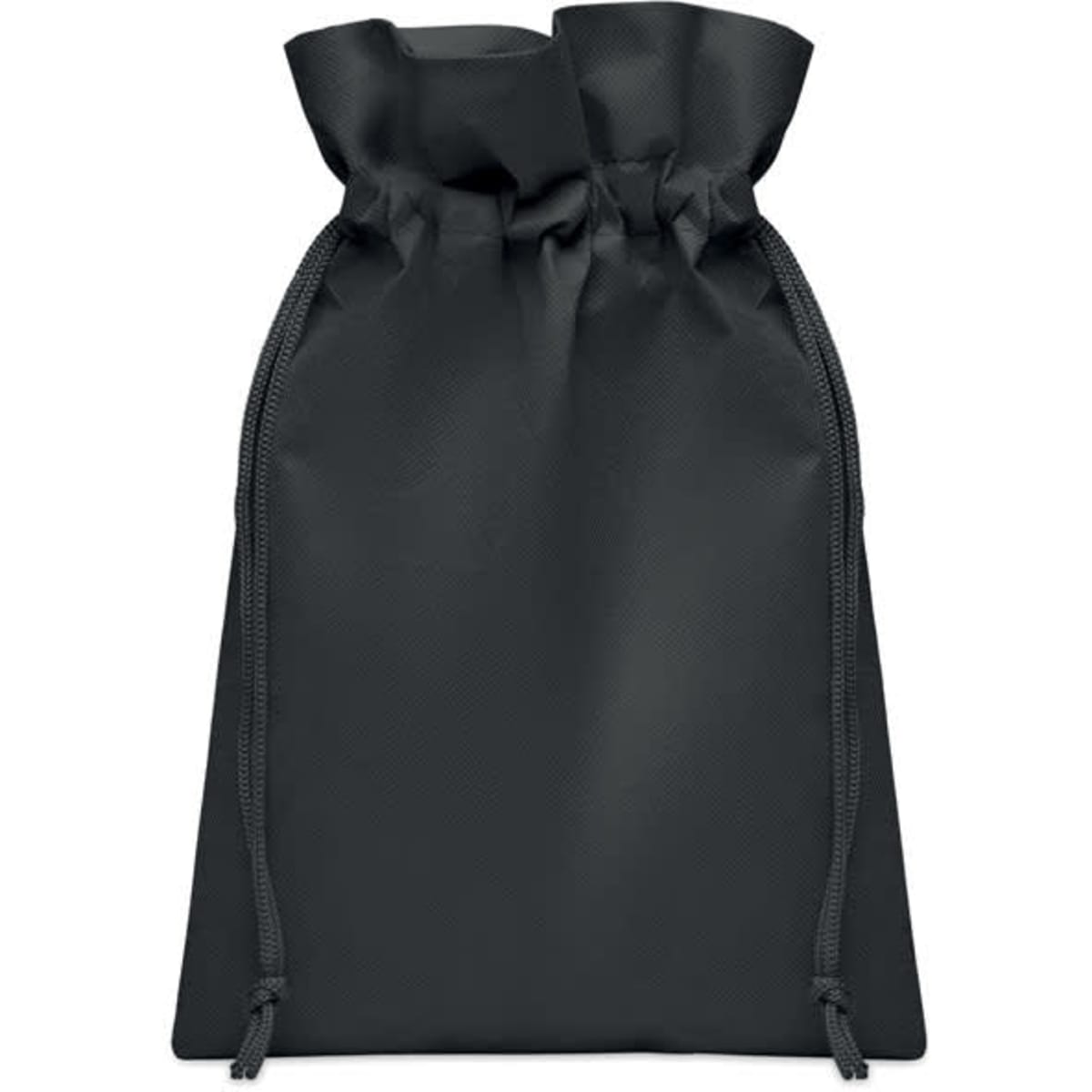 A black drawstring bag made of a smooth material, features gathered top and adjustable cords. Includes a logo.