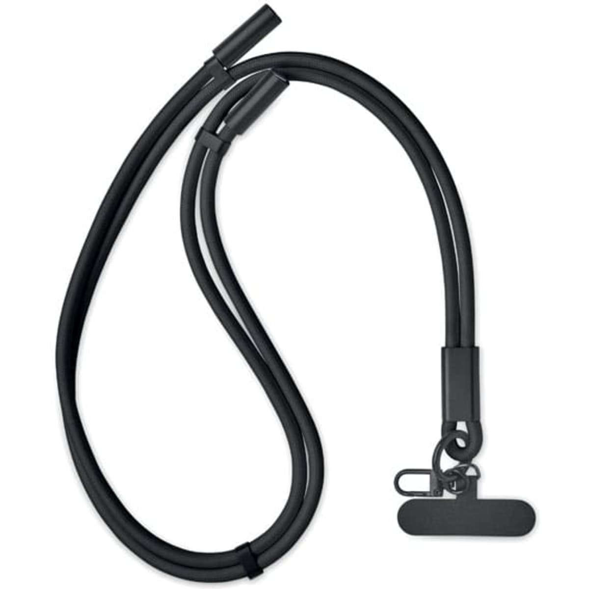 A black lanyard featuring a clip for attachment and a smooth design, without any visible branding.