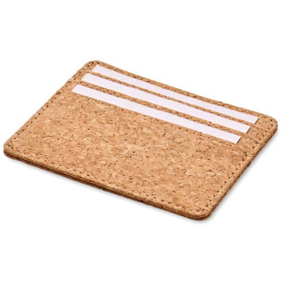 A cork cardholder featuring three slots for cards, with a natural cork texture and no visible branding.