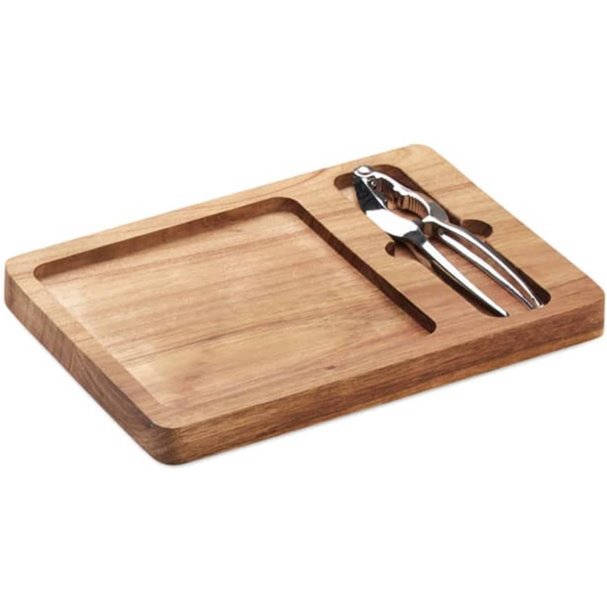 A wooden chopping board with a recessed area and a stainless steel nutcracker placed beside it.