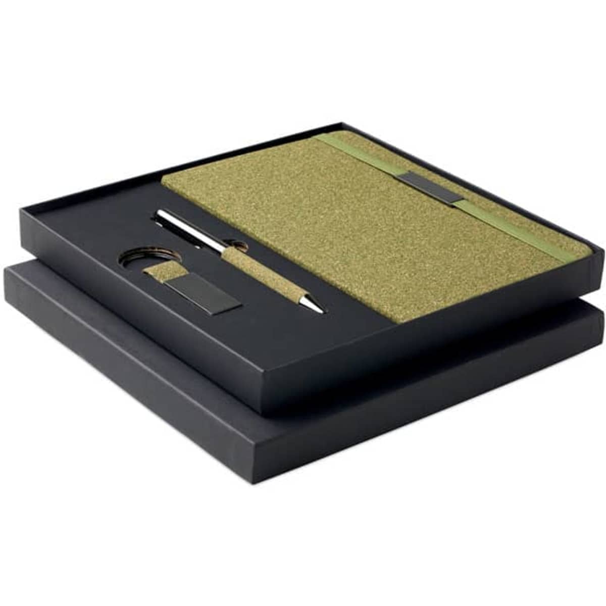 A green stationery set featuring a notebook, pen, and keychain in a black display box.