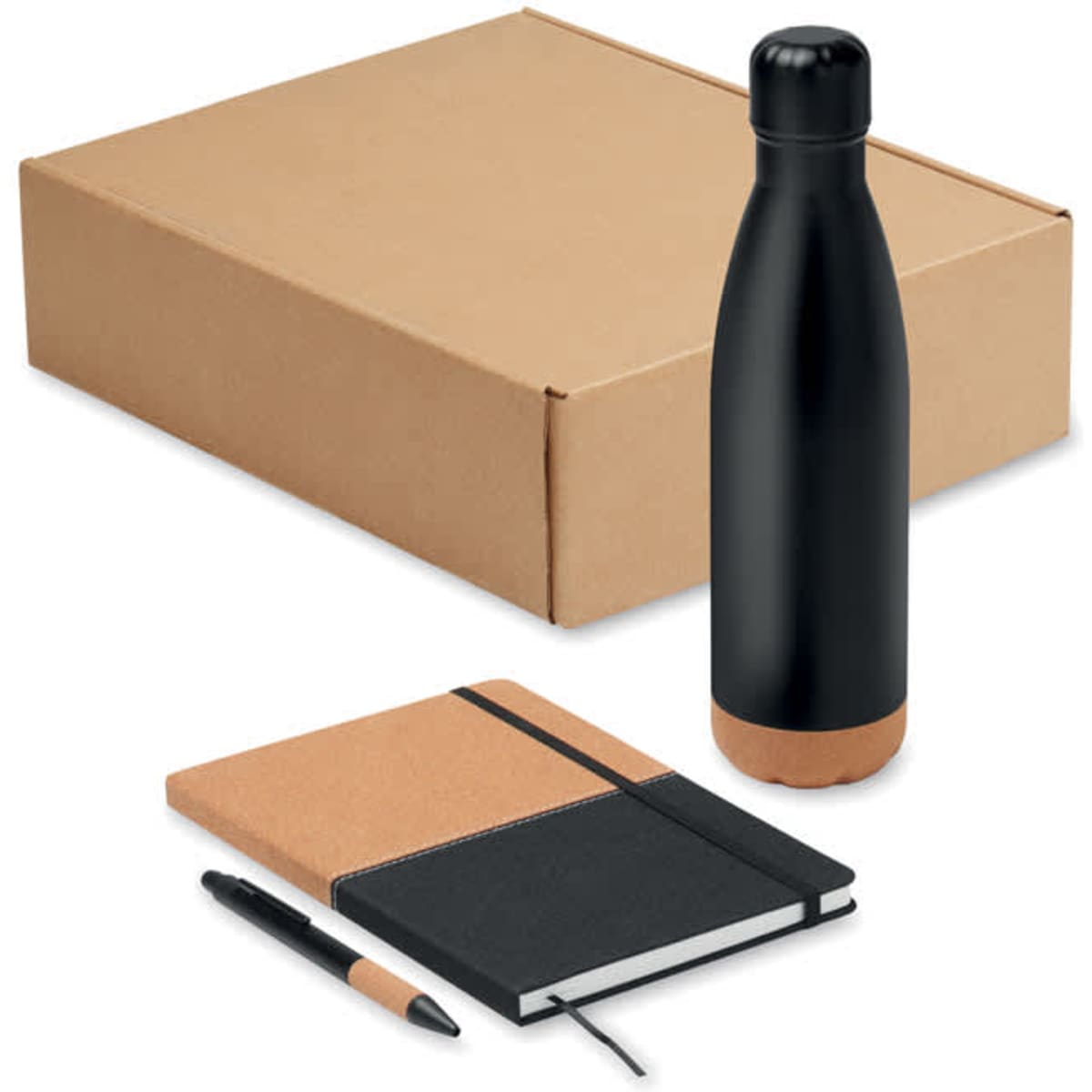 A drink bottle and a notebook with a pen, presented in a brown cardboard box. The bottle is black with a cork base.