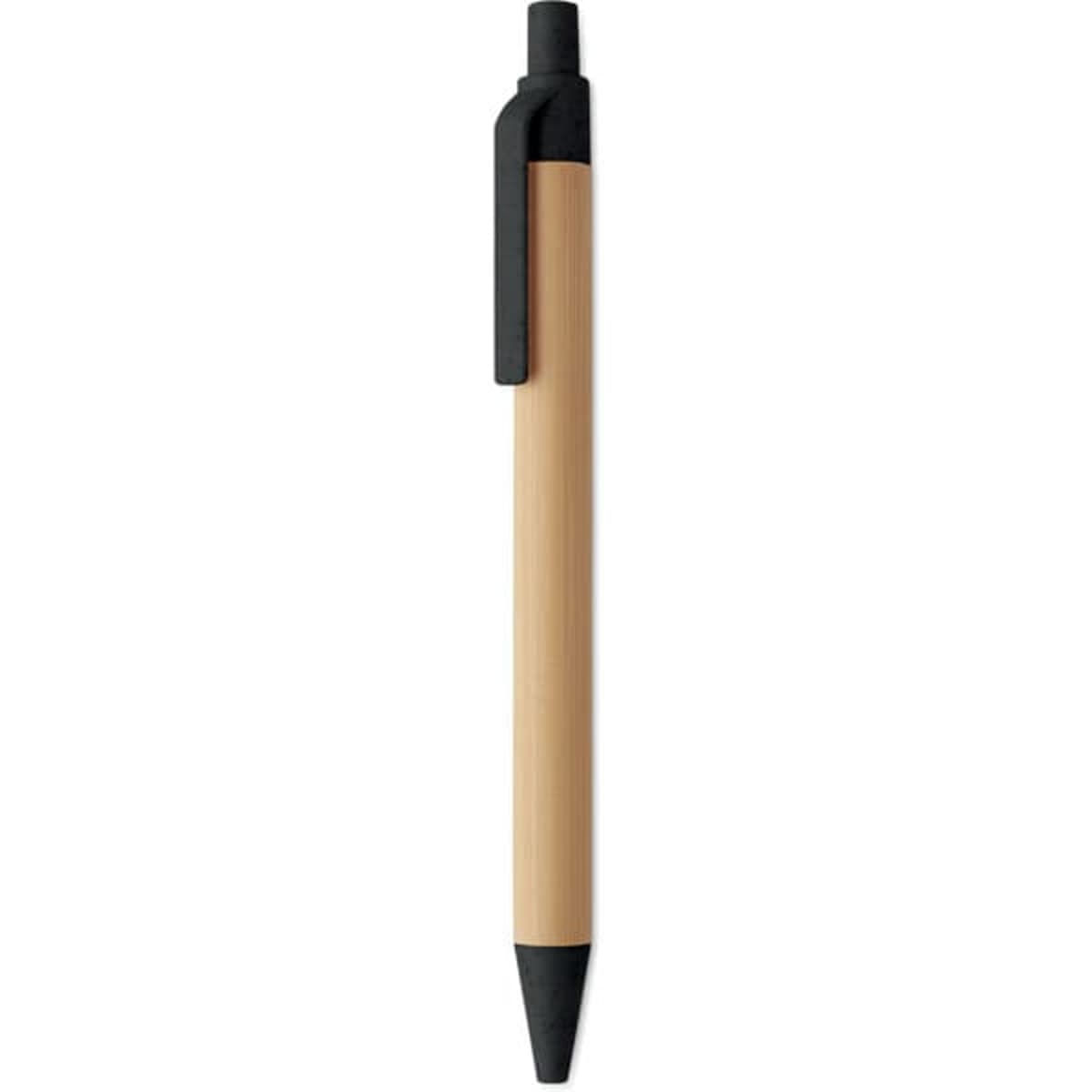 A ballpoint pen with a natural wood-like body and black accents on the tip and clip. It features a simple design.