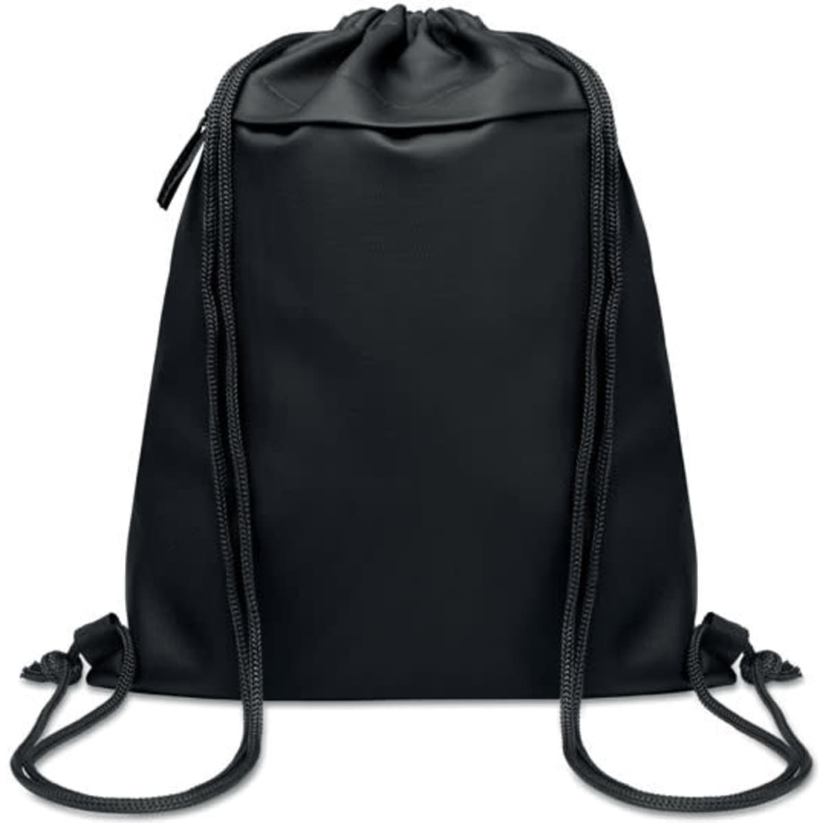 A drawstring bag in black with a smooth finish, featuring a cinch closure and two durable cords.