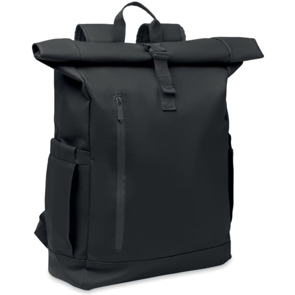 A black roll-top backpack featuring adjustable straps, side pockets, and a front zippered pocket.