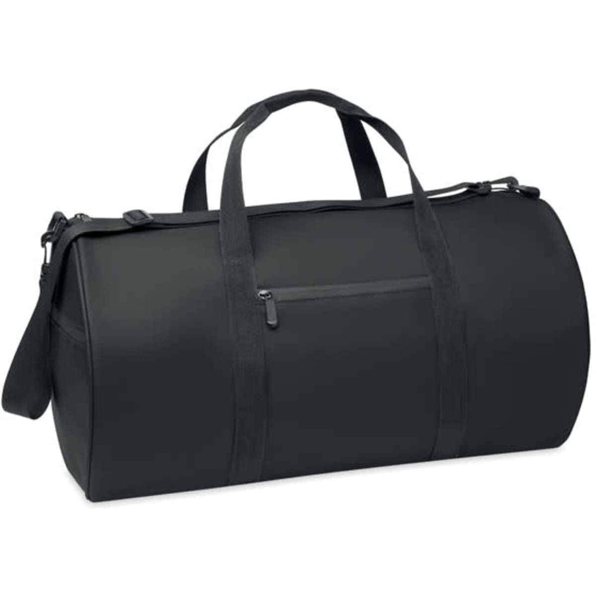 A black duffel bag with twin handles and a detachable shoulder strap, featuring a zippered pocket.