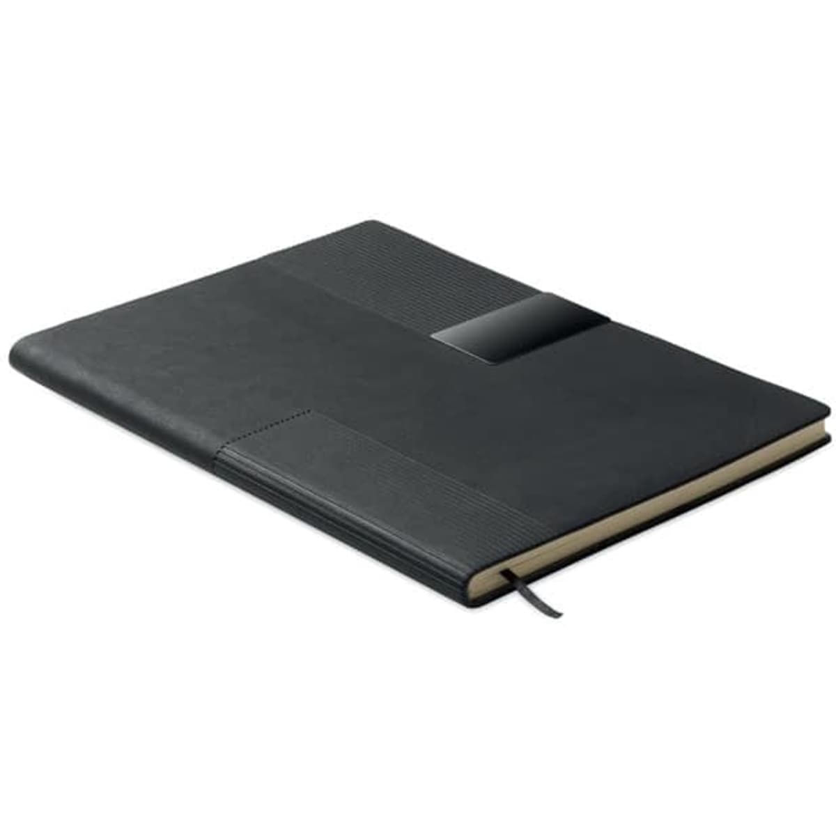 A black notebook with a textured cover, featuring a sleek clip and a ribbon bookmark.