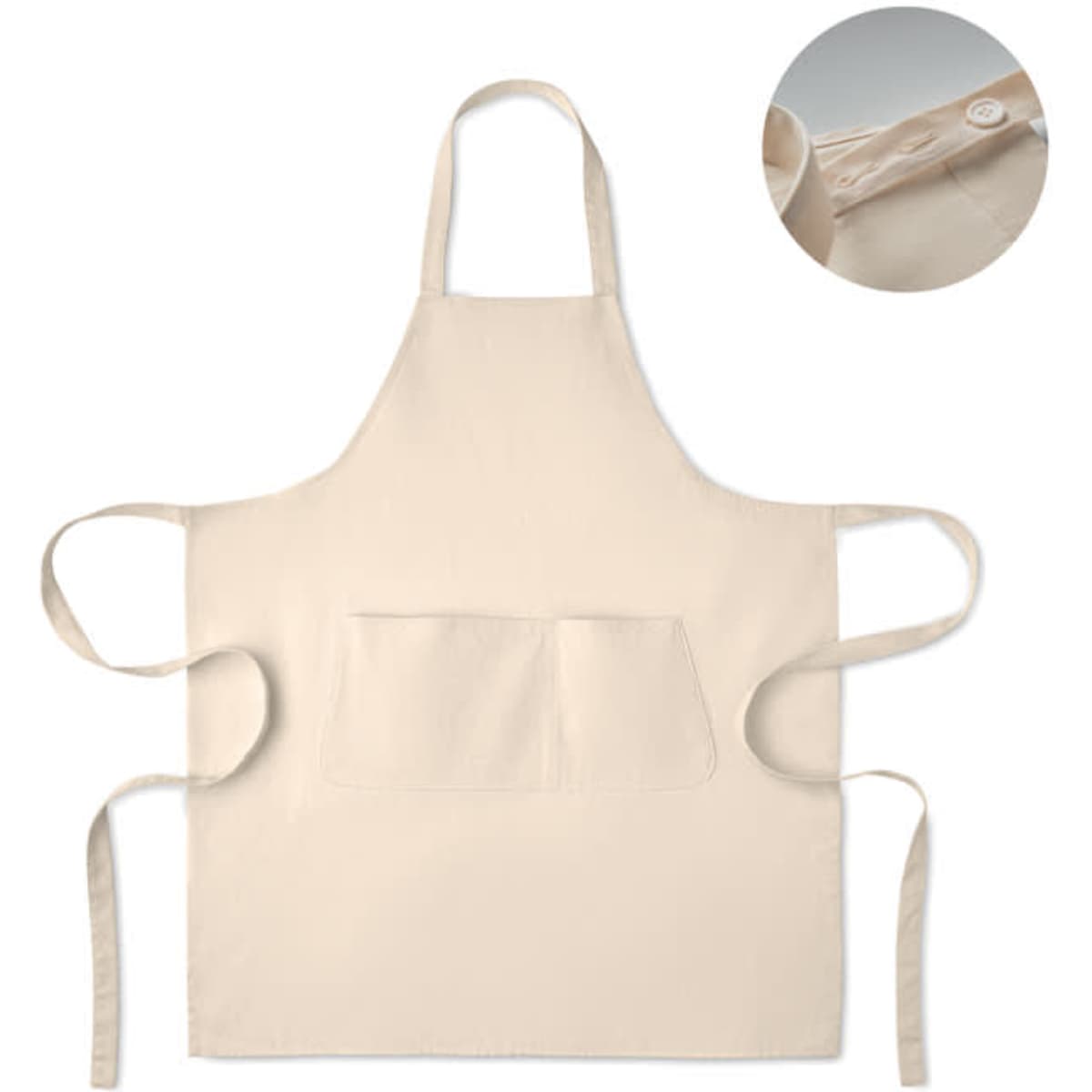 A beige apron featuring a pocket and ties, with a close-up of the button detail at the collar.