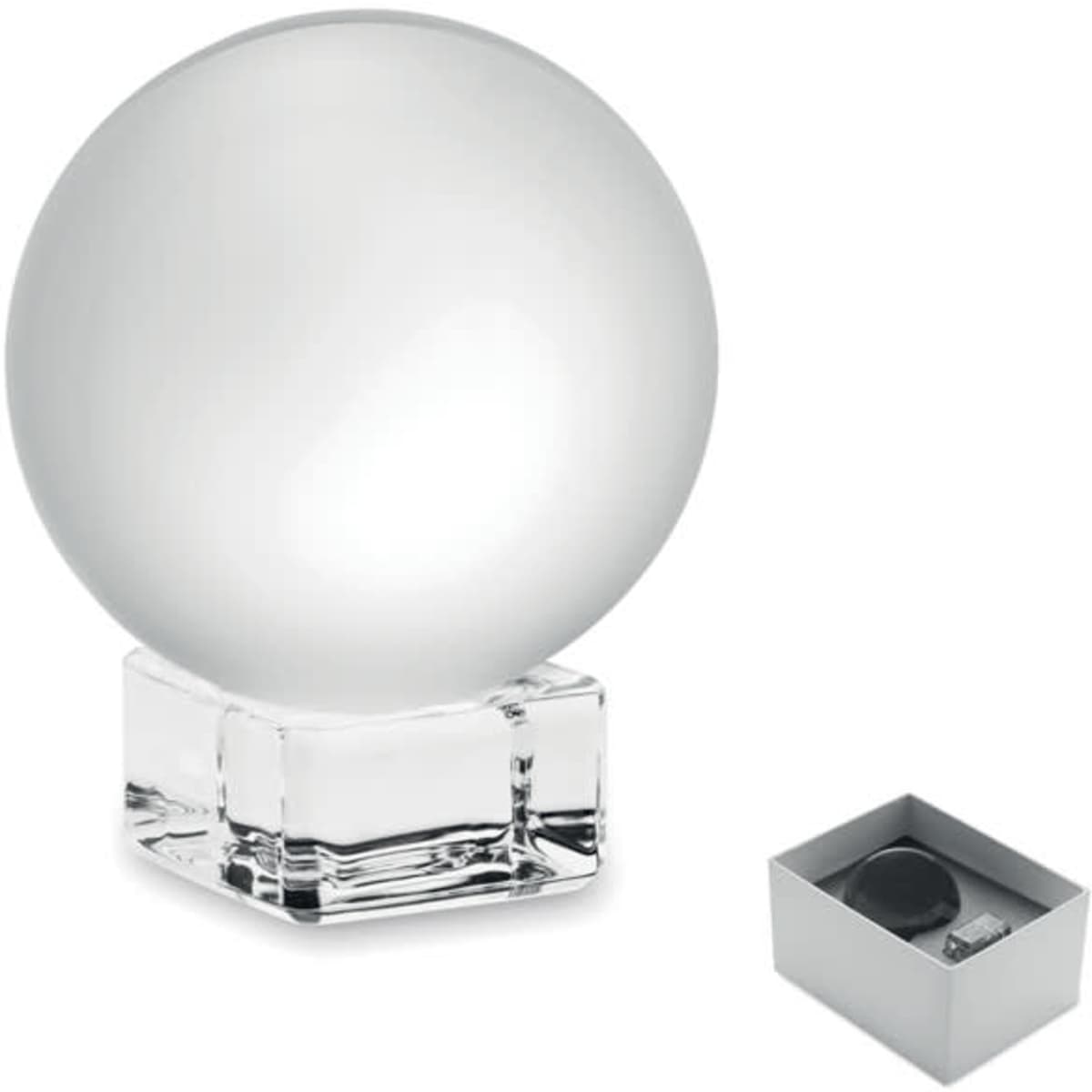 A decorative glass sphere mounted on a clear base, accompanied by a small square box.