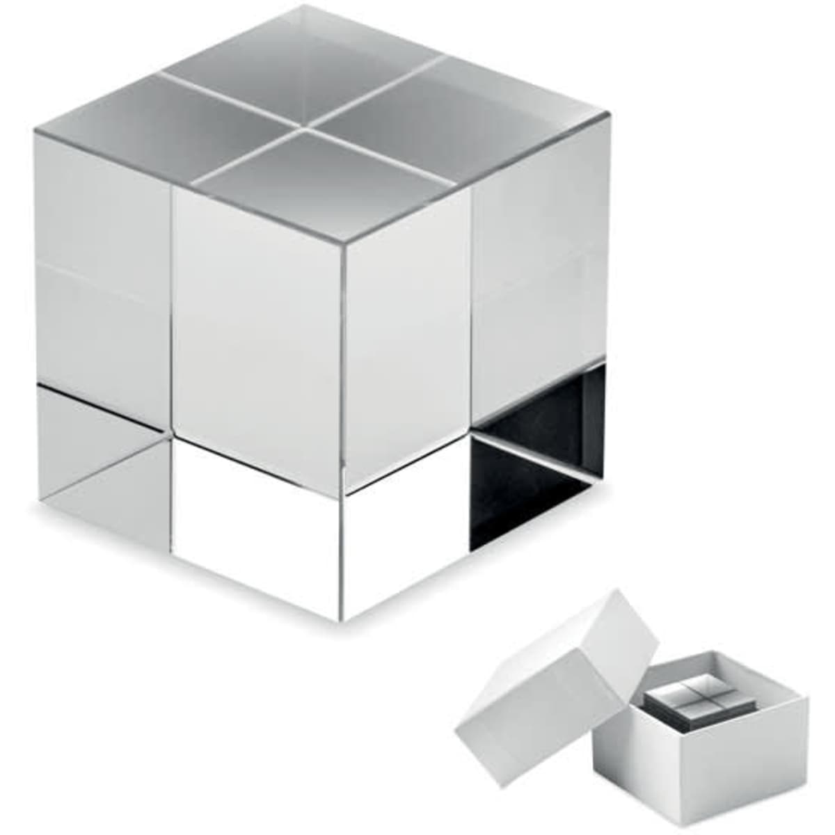 A mirrored cube product with six sides, featuring a small open box beside it. The surfaces are shiny and reflective.