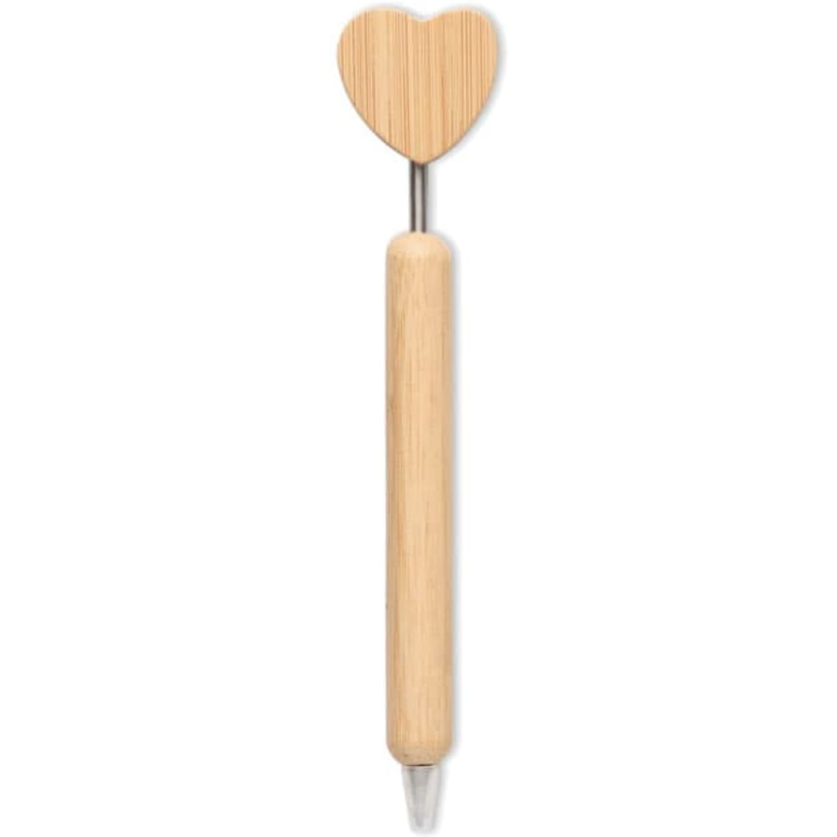 A heart-shaped bamboo pen with a wooden handle and clear plastic barrel. It features a branding logo.