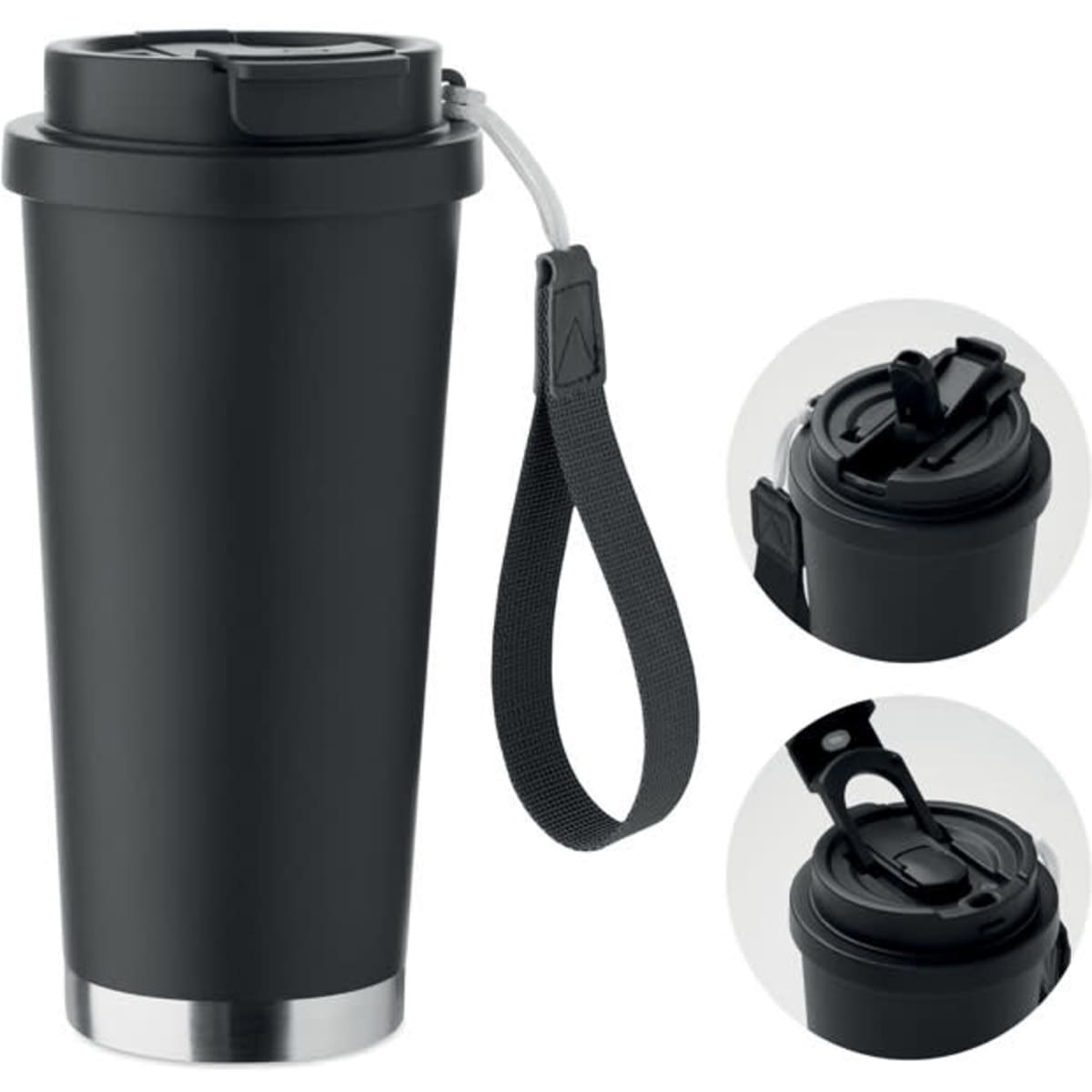 A drink bottle in matte black with a silver base, featuring a secure lid and a wrist strap for easy carrying.