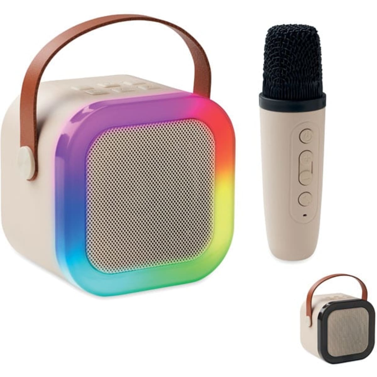 A portable speaker with a rainbow rim and a microphone, featuring a carry handle and neutral colour tones.