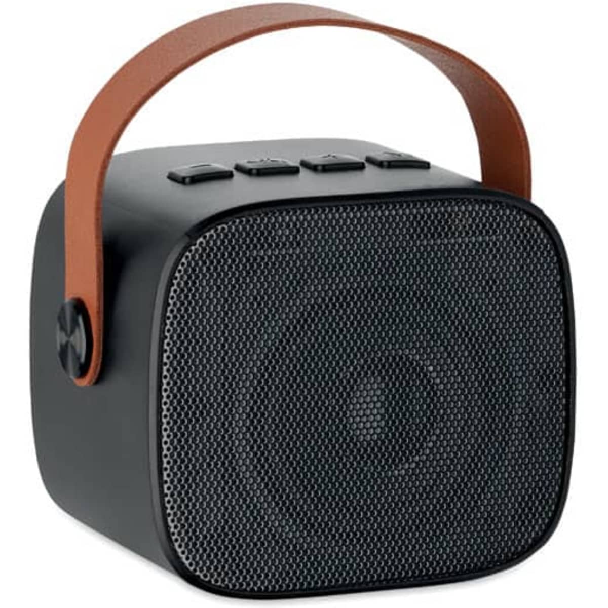 A portable speaker with a black body and a brown leather handle. It features control buttons on the top.