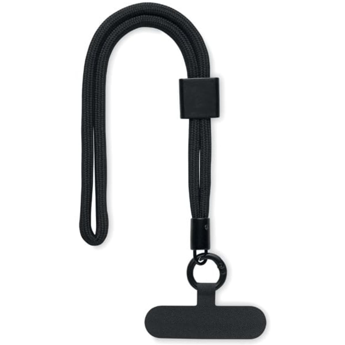 A black wrist strap with a looped end and adjustable slide, designed for carrying small items securely.