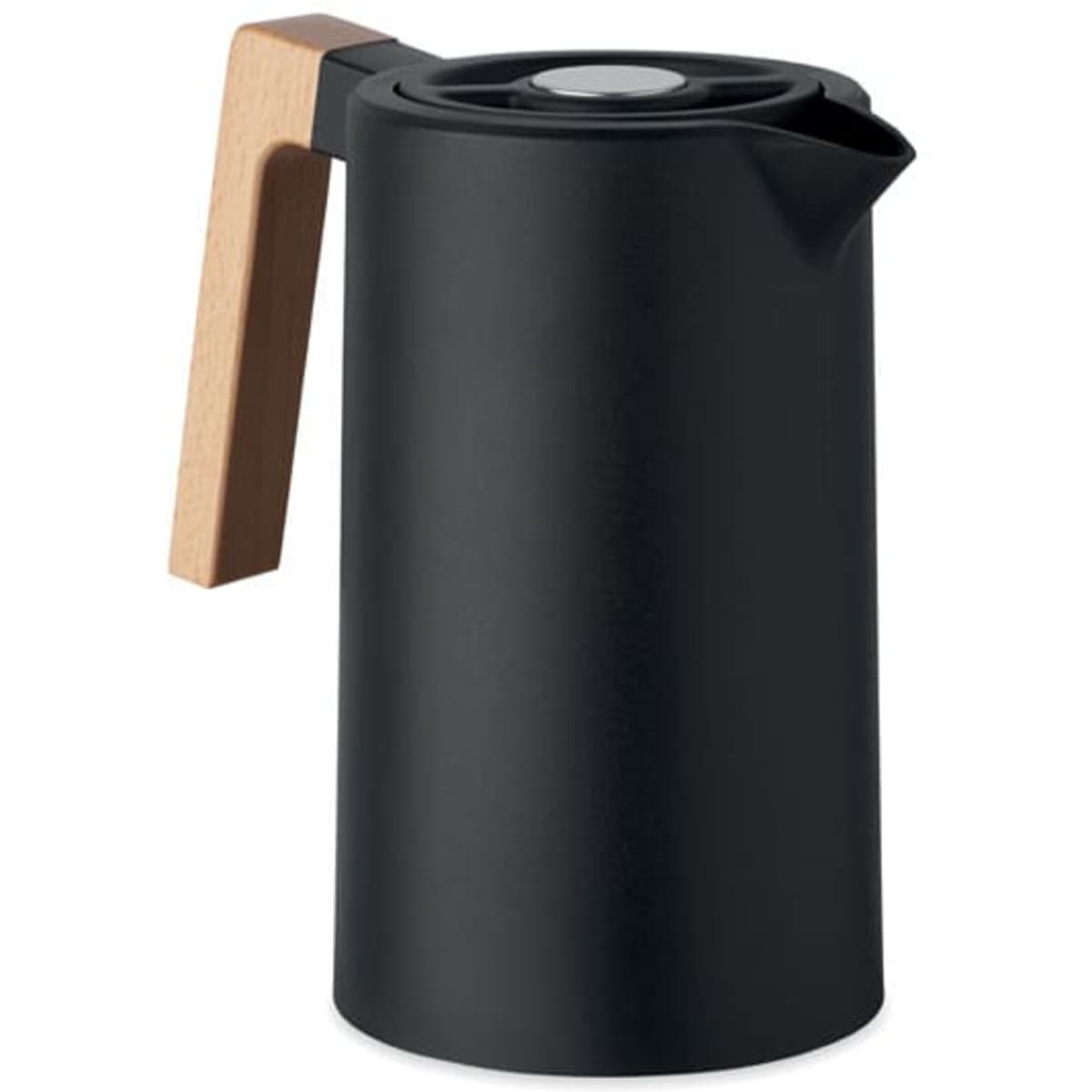 A drink bottle in matte black with a wooden handle and a spout, featuring a sleek, modern design.