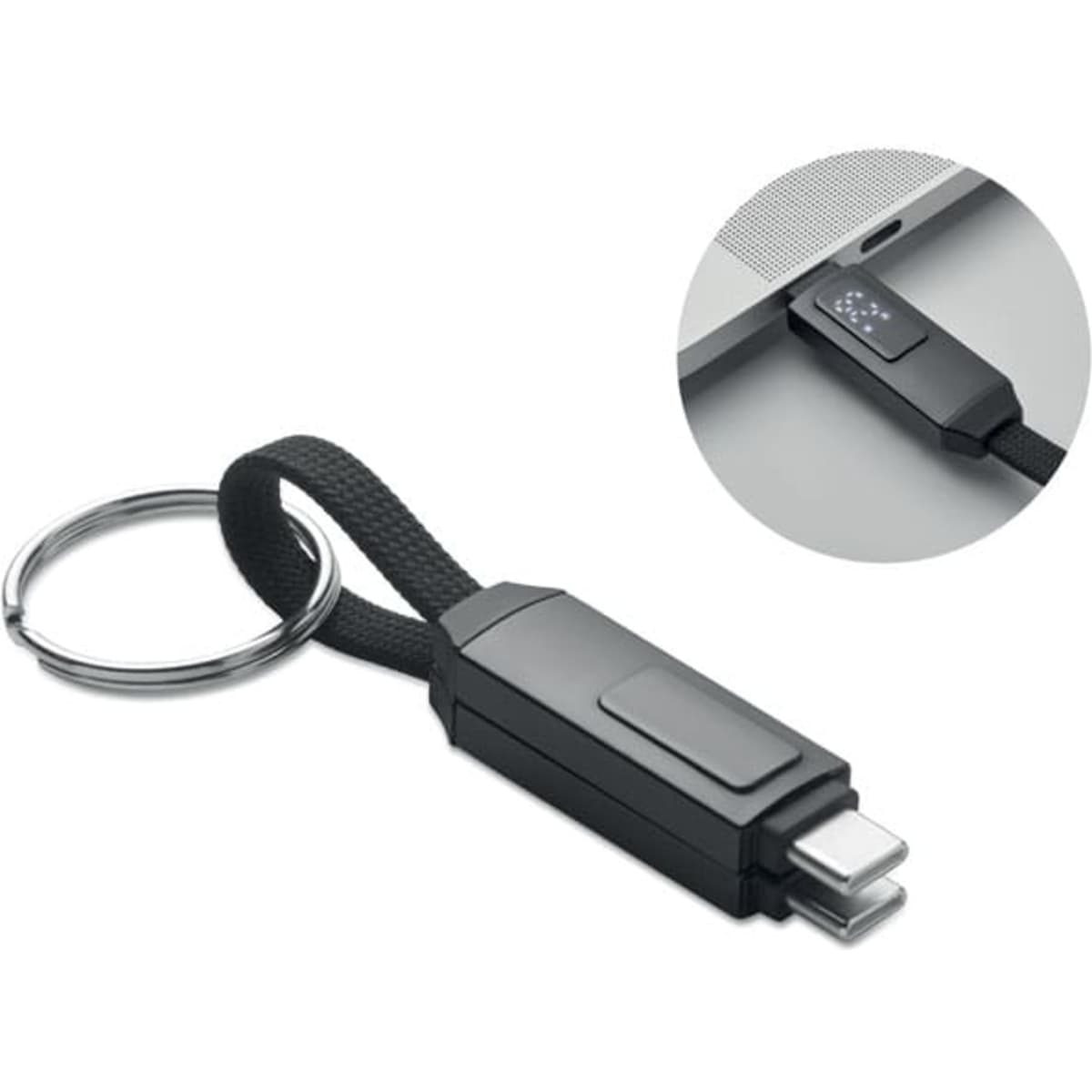 A keyring USB connector in black, featuring a braided loop for attachment and a compact design.
