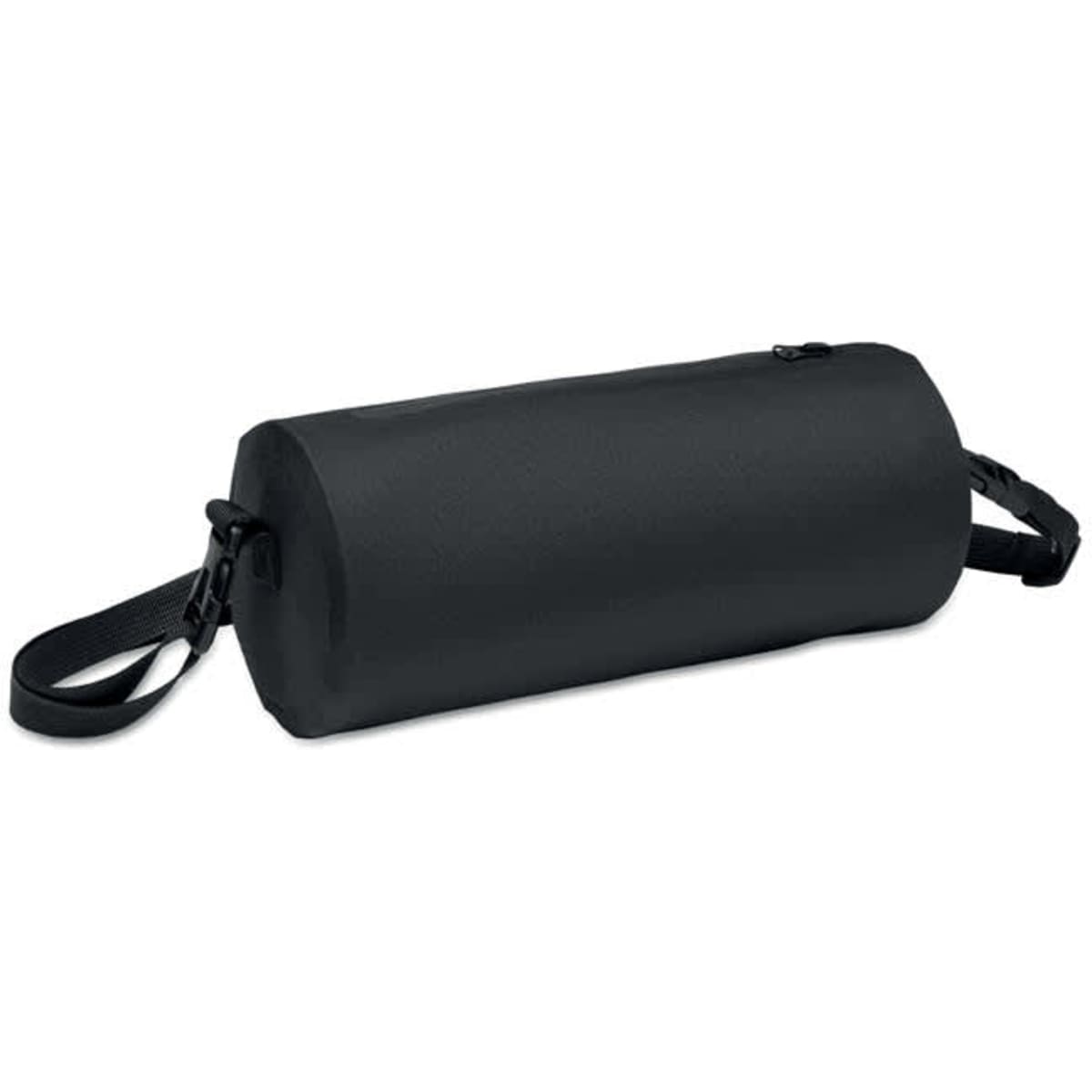 A black cylindrical bag with two straps, featuring a zip closure at one end. It has a simple design and no visible branding.