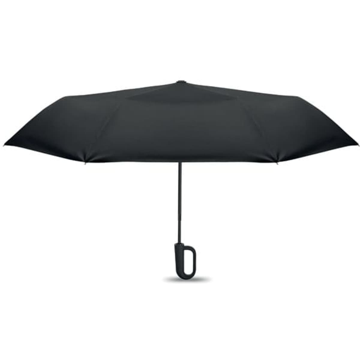 An umbrella in solid black with a sleek design and a handle for easy carrying. It features a central support pole.