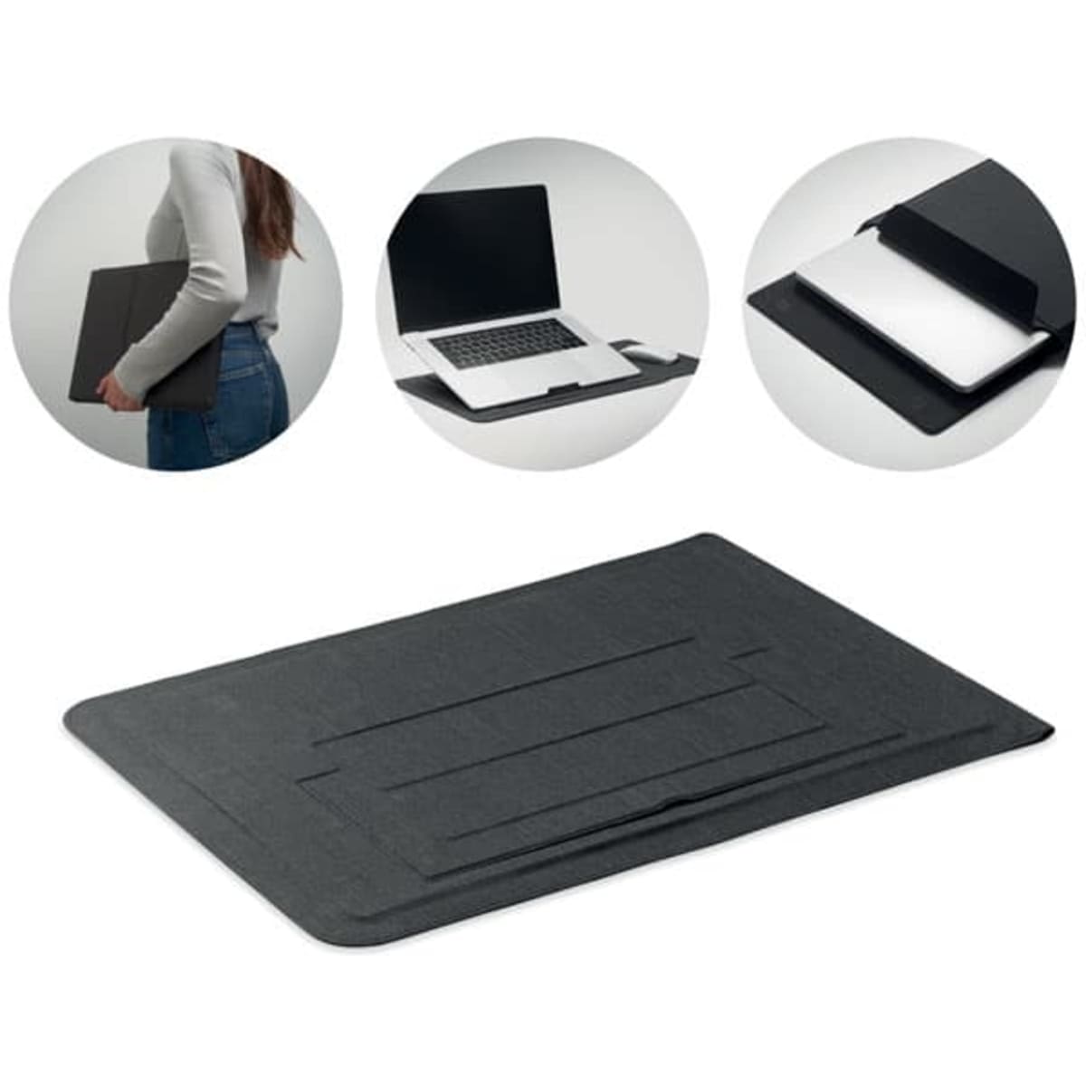 A black, foldable laptop sleeve with a sleek design, featuring multiple compartments for accessories.