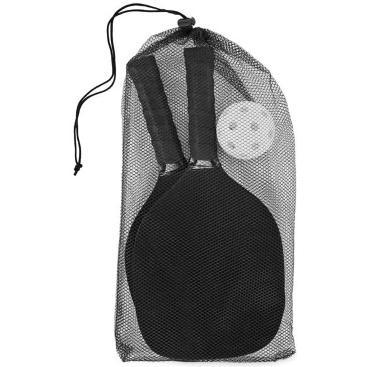 A set of black paddle bats and a ball in a black mesh bag. The bag has a drawstring closure.