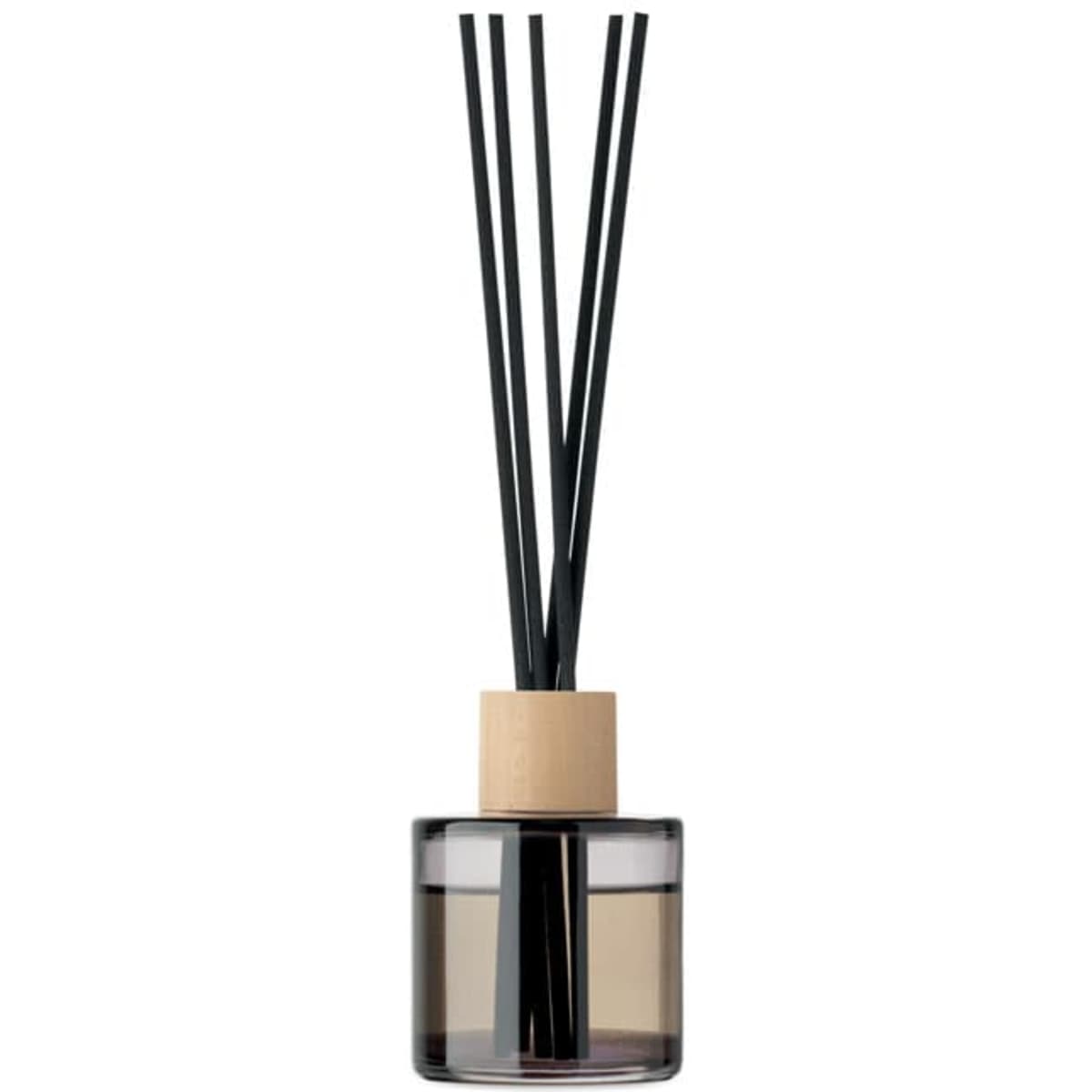 A diffuser with a clear glass base, light wooden cap, and black reeds, containing a liquid for fragrance.