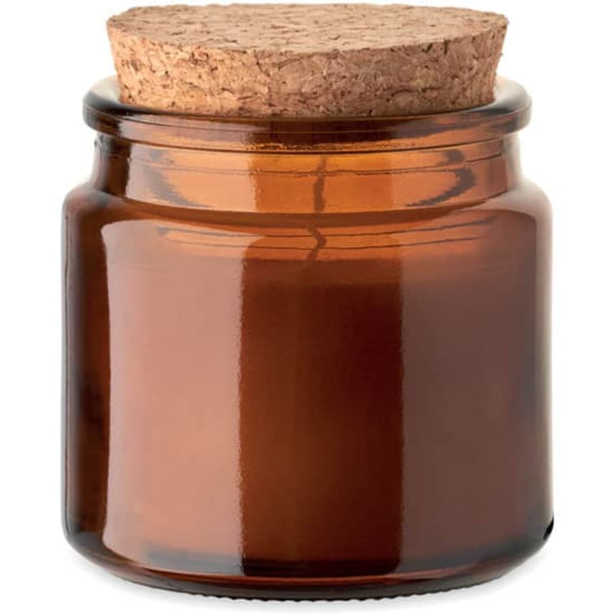 A brown glass jar with a cork lid, featuring a smooth finish and rounded shape.