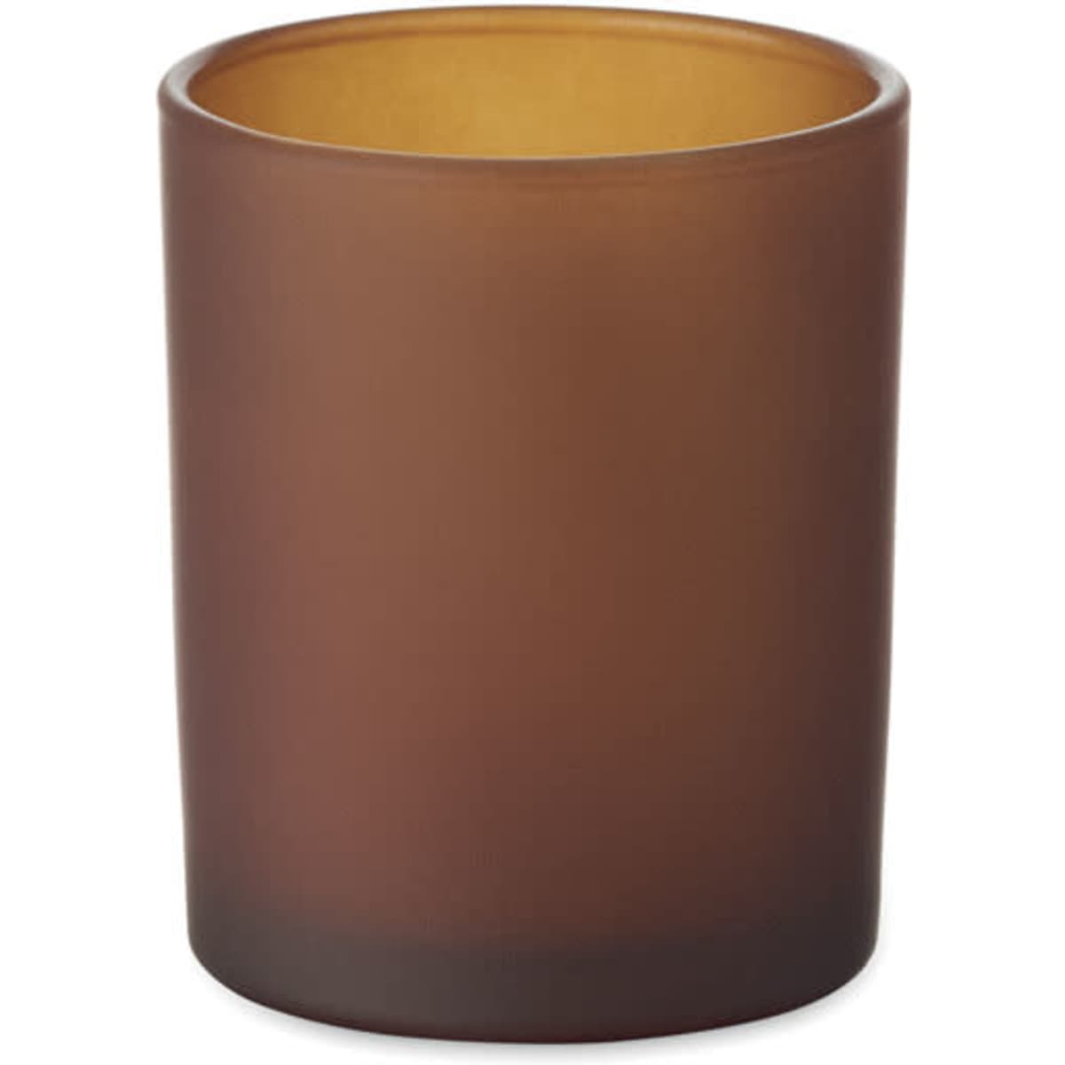 A drink bottle in a frosted brown finish with a gold interior, featuring a logo on its side.