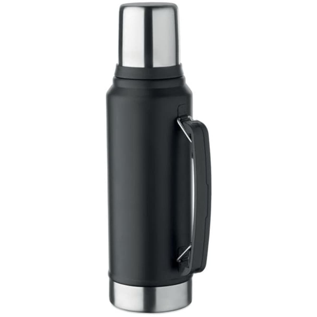 A black drink bottle with a stainless steel top and a sturdy handle. It features a sleek design and a logo.