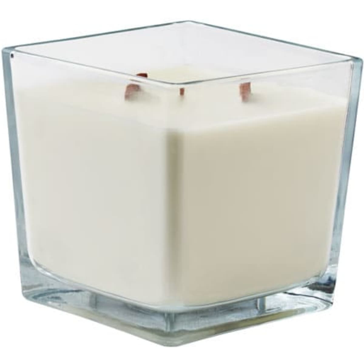 A square glass candle with two wooden wicks and a white wax interior.