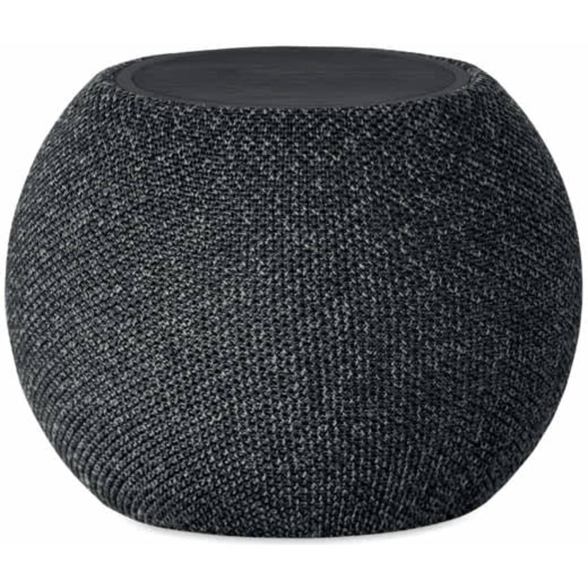 A round, black knitted pouf with a smooth top surface, suitable for seating or as a side table.