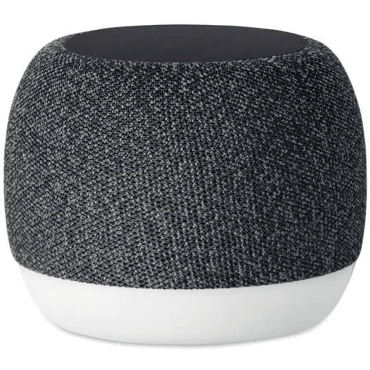 A round speaker in grey fabric with a white base, featuring a smooth black top surface.