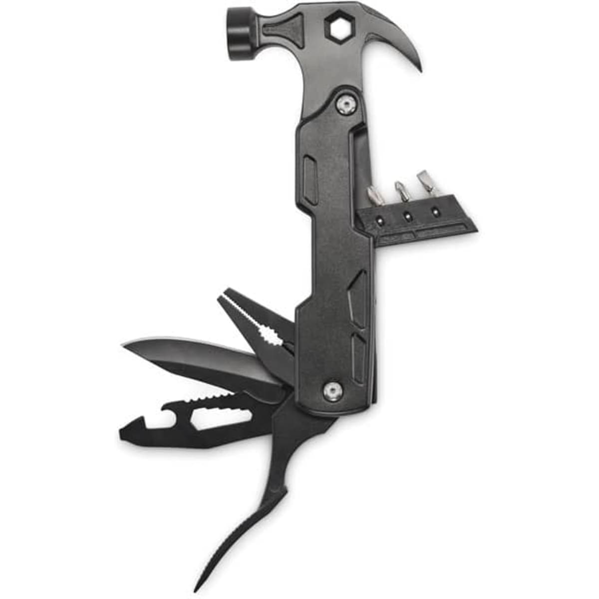 A multifunctional tool in black with a hammer, pliers, and integrated utility features. It has a branded logo.
