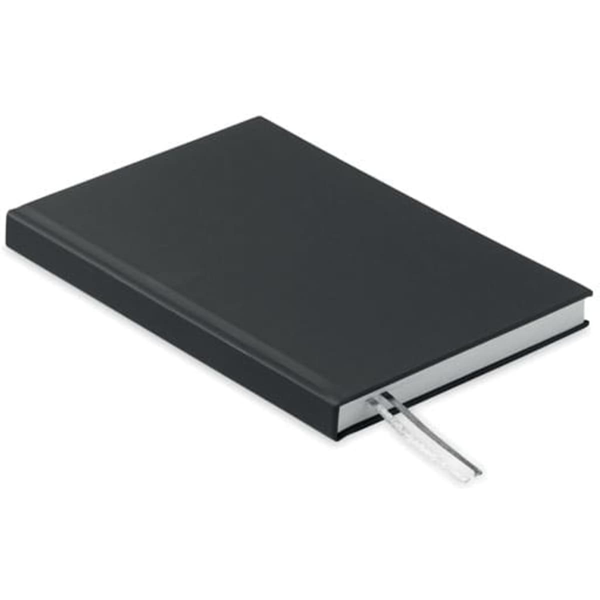 A black notebook with a ribbon bookmark, featuring a sleek, minimalist design and a silver-edged spine.