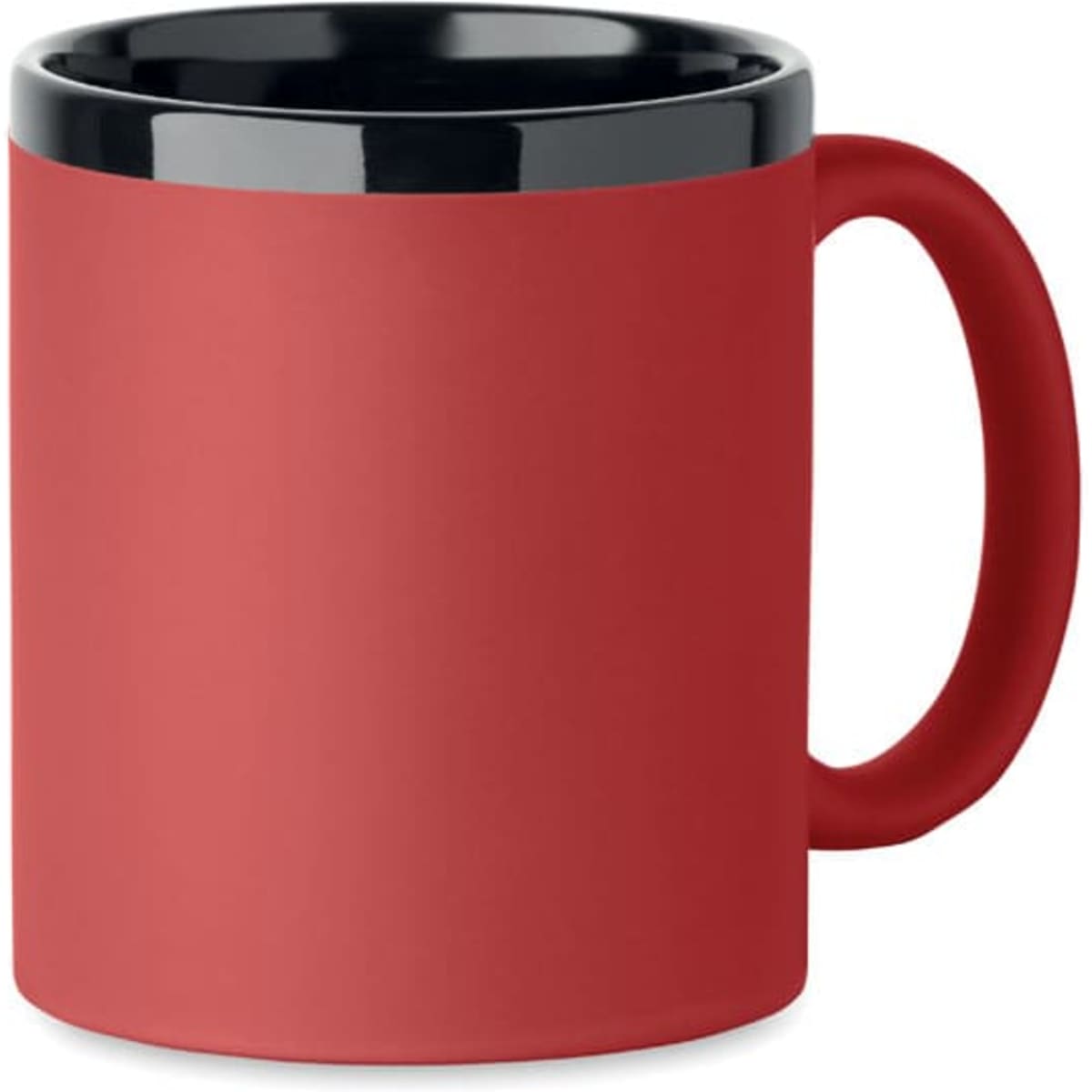 A drink bottle featuring a matte red exterior with a glossy black rim and handle, displaying a logo.