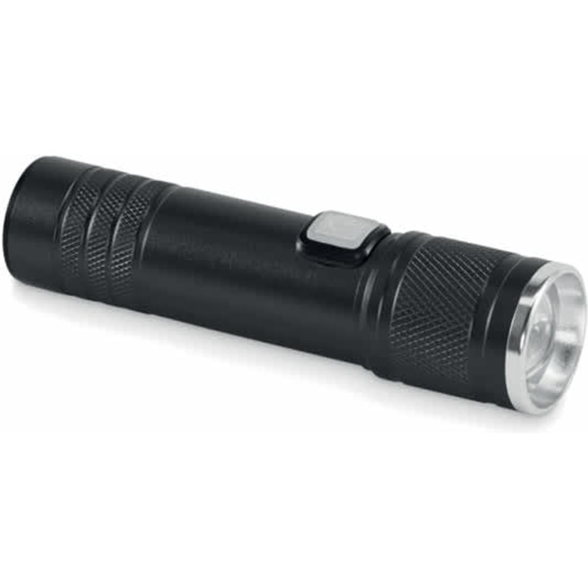 A black flashlight with a textured grip and a silver bezel, featuring a button for operation. It has a simple design.