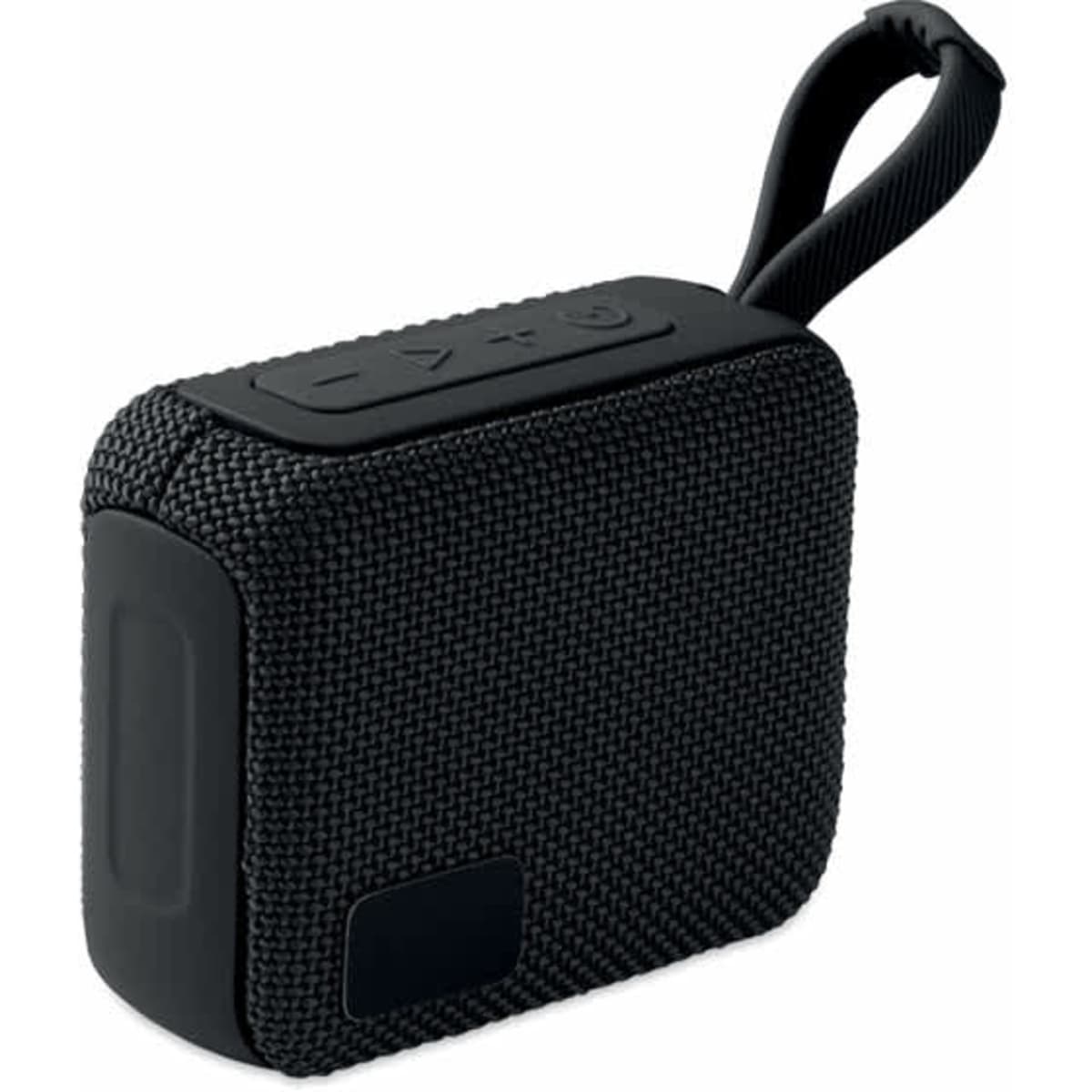 A portable Bluetooth speaker in black fabric with control buttons and a carrying strap. It features a solid body design.