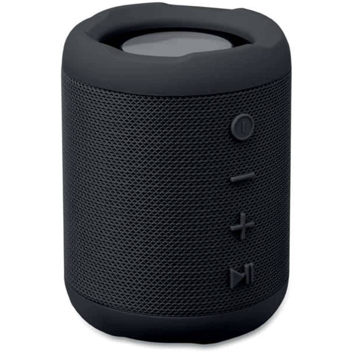 A portable black speaker with a textured mesh design and control buttons on the side.
